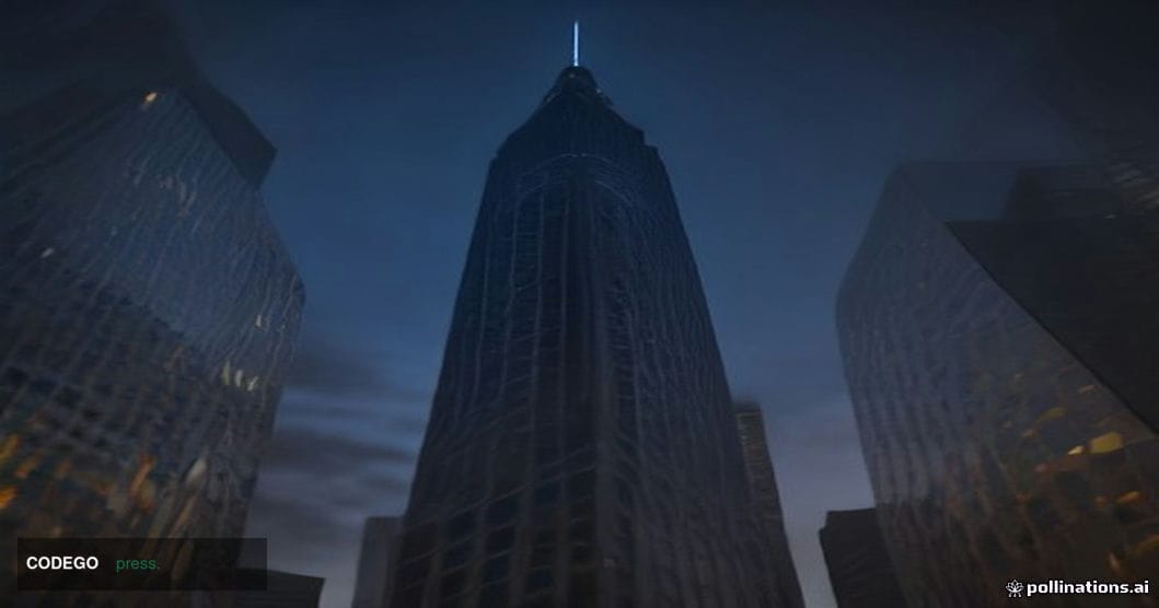 A dramatic low-angle shot of a monumental glass-and-steel financial district tower photographed at twilight, with floor-to-ce