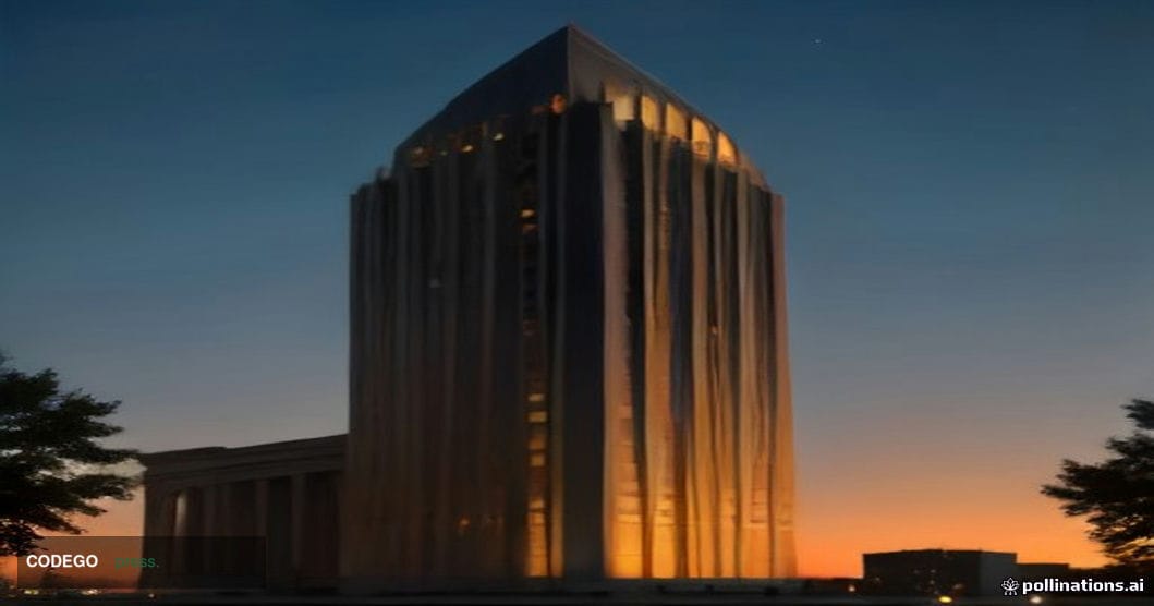 A dramatic wide-angle shot of a monumental neoclassical federal building exterior at dusk, representing regulatory and congre