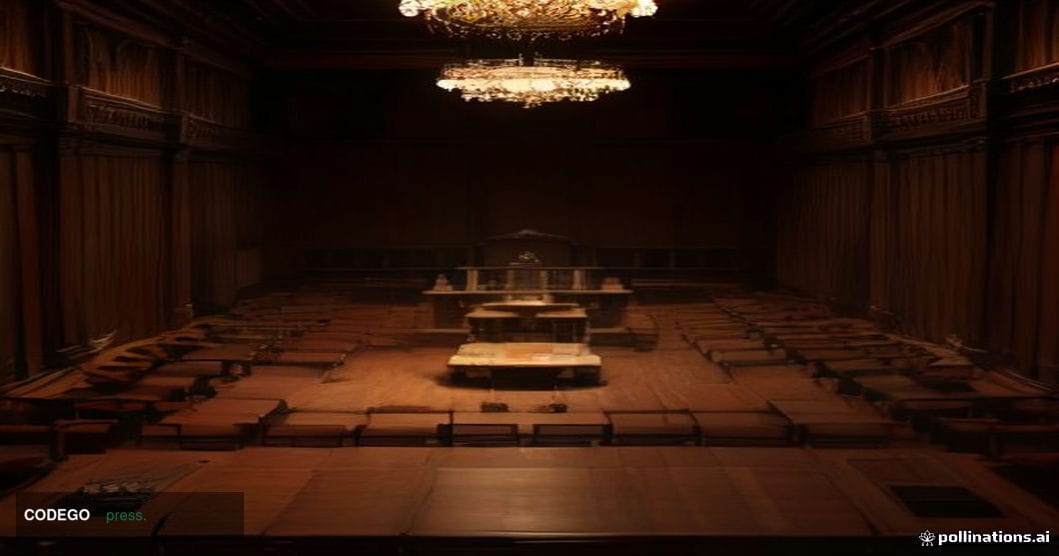 A dramatic cinematic editorial photograph set inside a grand federal hearing chamber, viewed from a low angle looking up towa