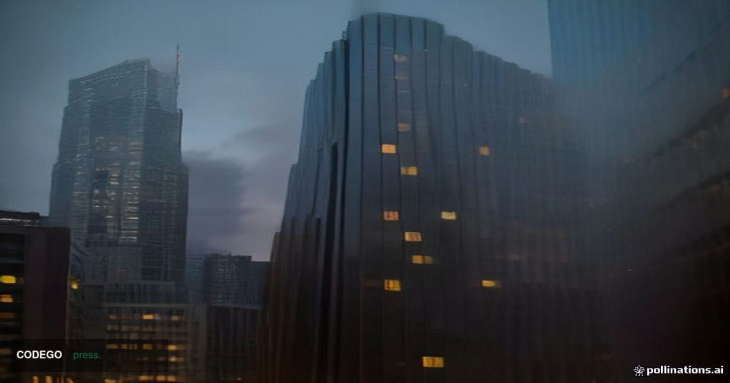 A cinematic editorial photograph shot at golden-hour dusk, looking up at the glass-and-steel facade of a monolithic Canadian 
