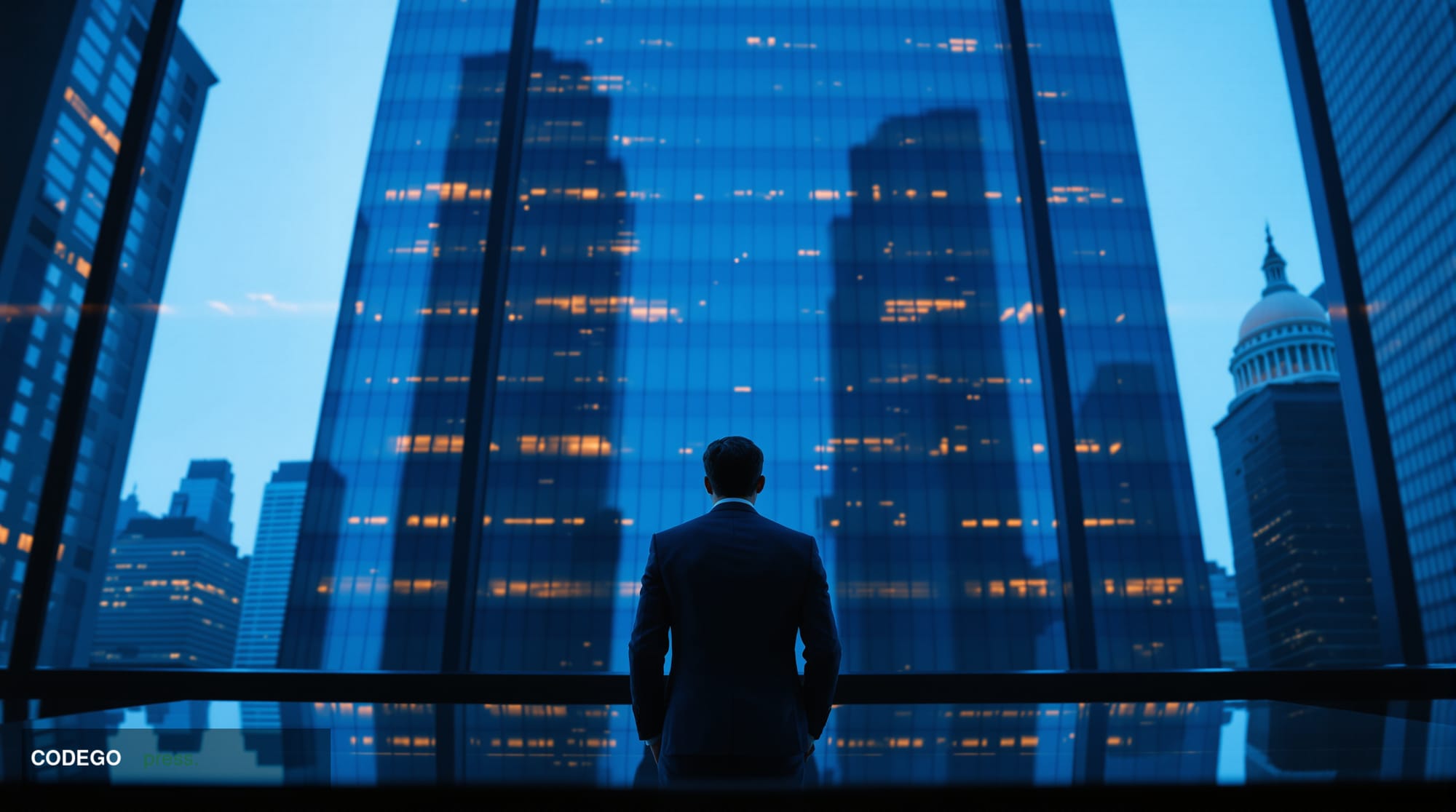 A cinematic editorial photograph shot from a low angle looking up at a glass-and-steel financial district skyscraper facade i