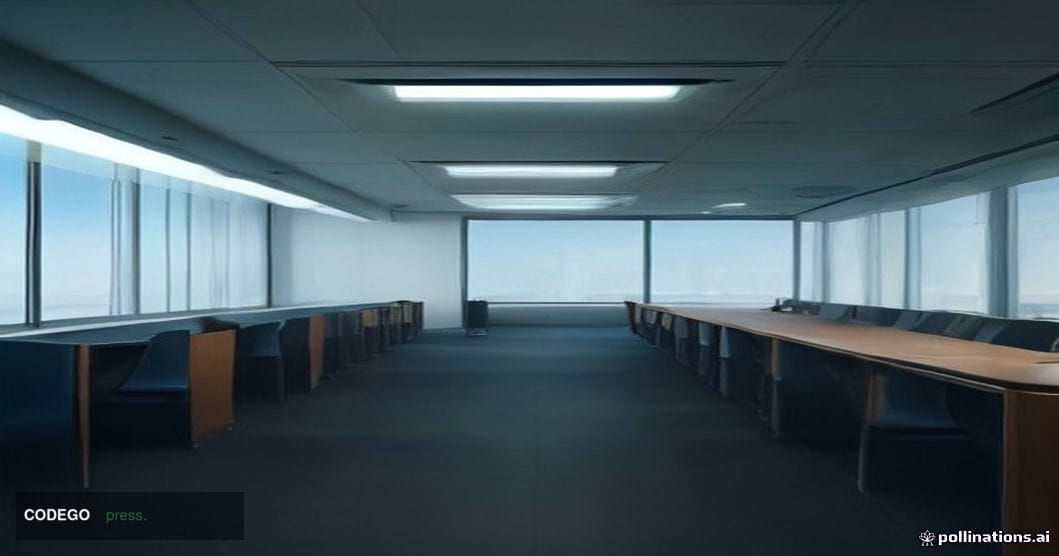 A vast, modern corporate banking operations floor photographed from a low, wide-angle perspective, rows of curved workstation