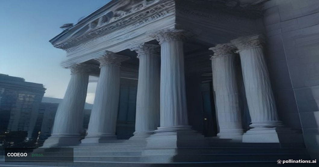 A cinematic editorial photograph of a grand neoclassical financial institution exterior at dusk, shot from a low angle lookin