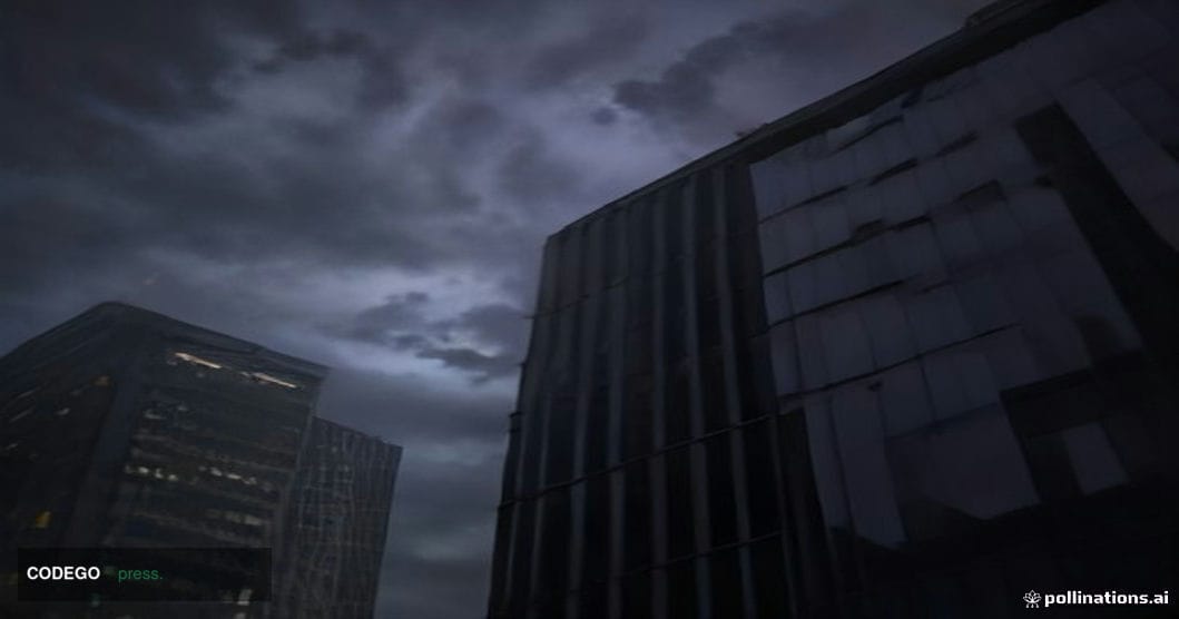 A dramatic cinematic editorial photograph shot from street level looking up at a monolithic glass-and-steel corporate campus 