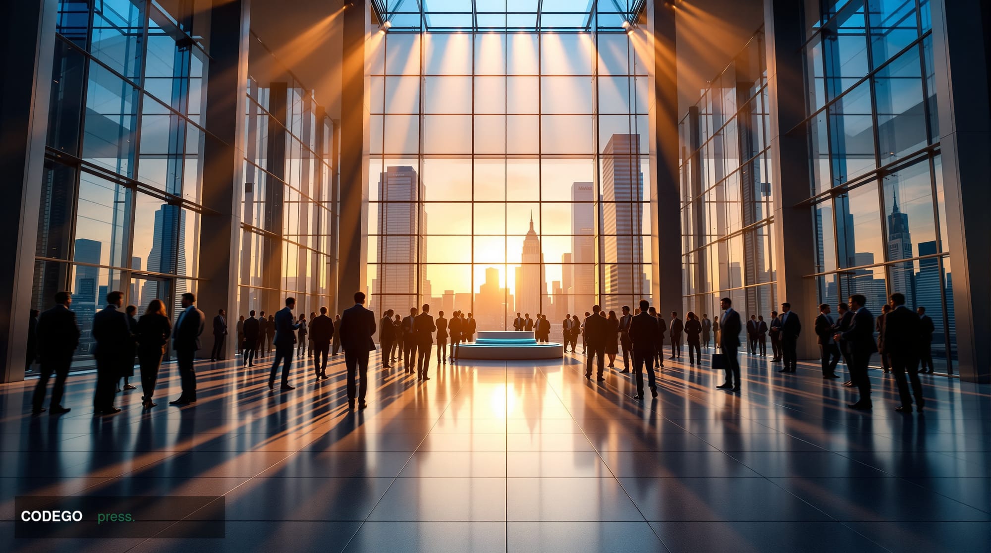 A cinematic editorial photograph of a grand, modern convention center interior — soaring glass atrium ceiling casting dramati