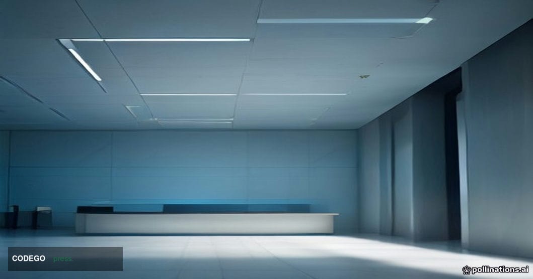 A cinematic editorial photograph of a sleek, modern bank interior shot from a low angle looking upward toward a curved glass 