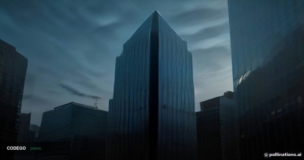 A dramatic cinematic editorial photograph taken at ground level looking upward at a sleek glass-and-steel financial district 