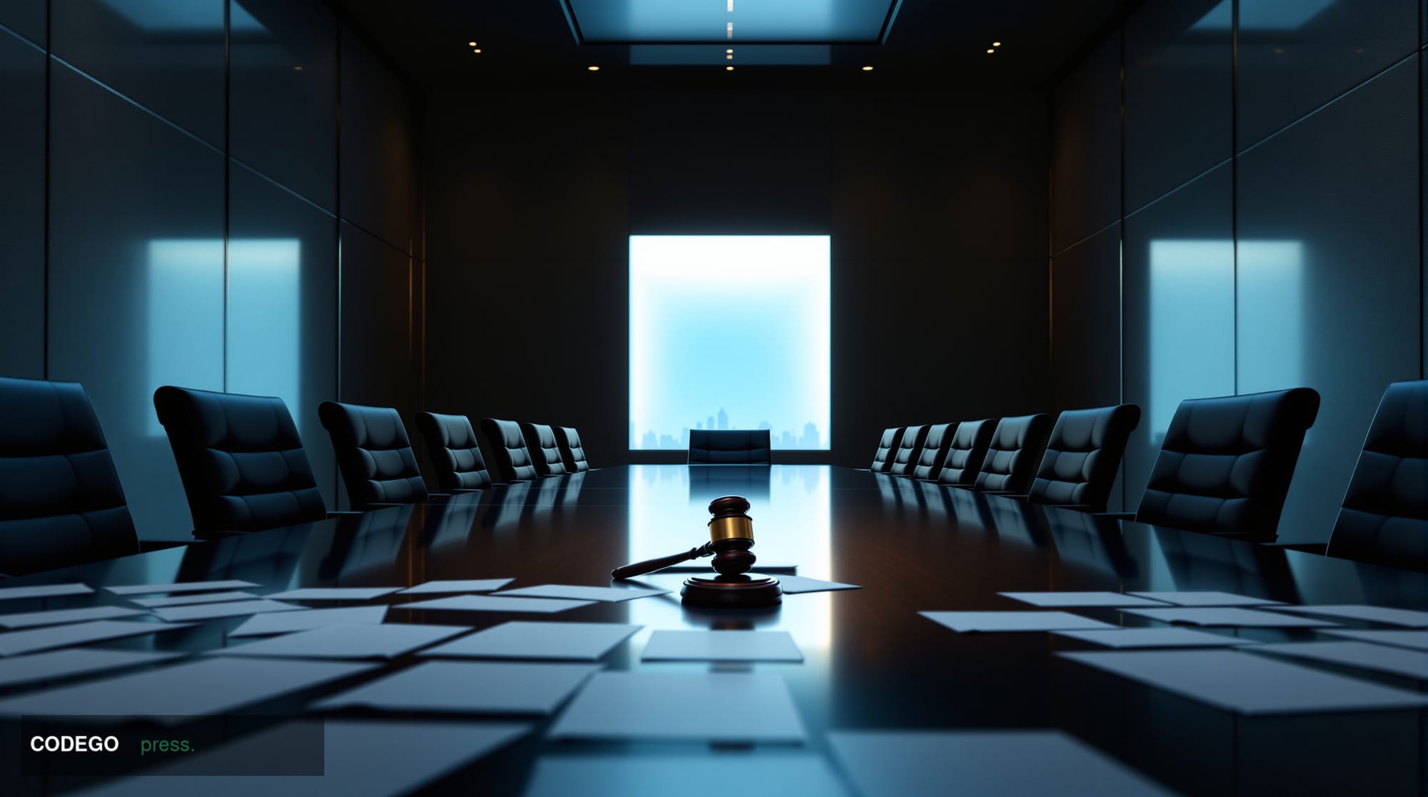 A dramatic cinematic editorial photograph inside a dim, high-ceilinged corporate boardroom, shot from a low angle looking up 