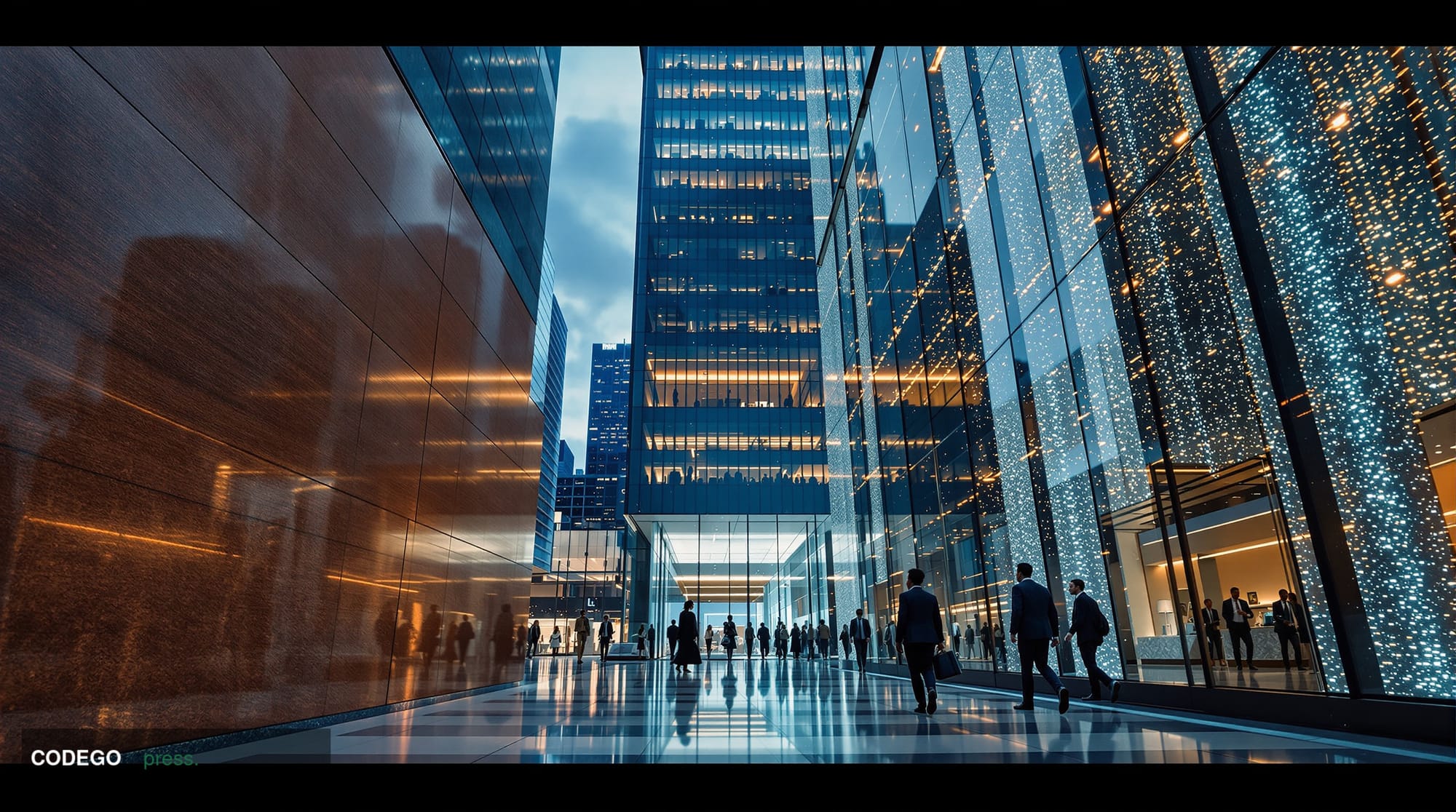 A cinematic editorial photograph depicting a sleek modern financial district at dusk, dominated by glass-and-steel tower faca