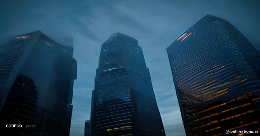 A cinematic editorial photograph of Singapore's central business district financial skyline at dusk, shot from a low angle lo