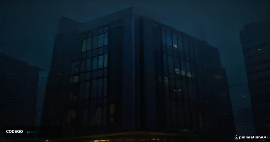 A cinematic editorial photograph set in a dimly lit Mumbai financial district at night, viewed from street level looking upwa