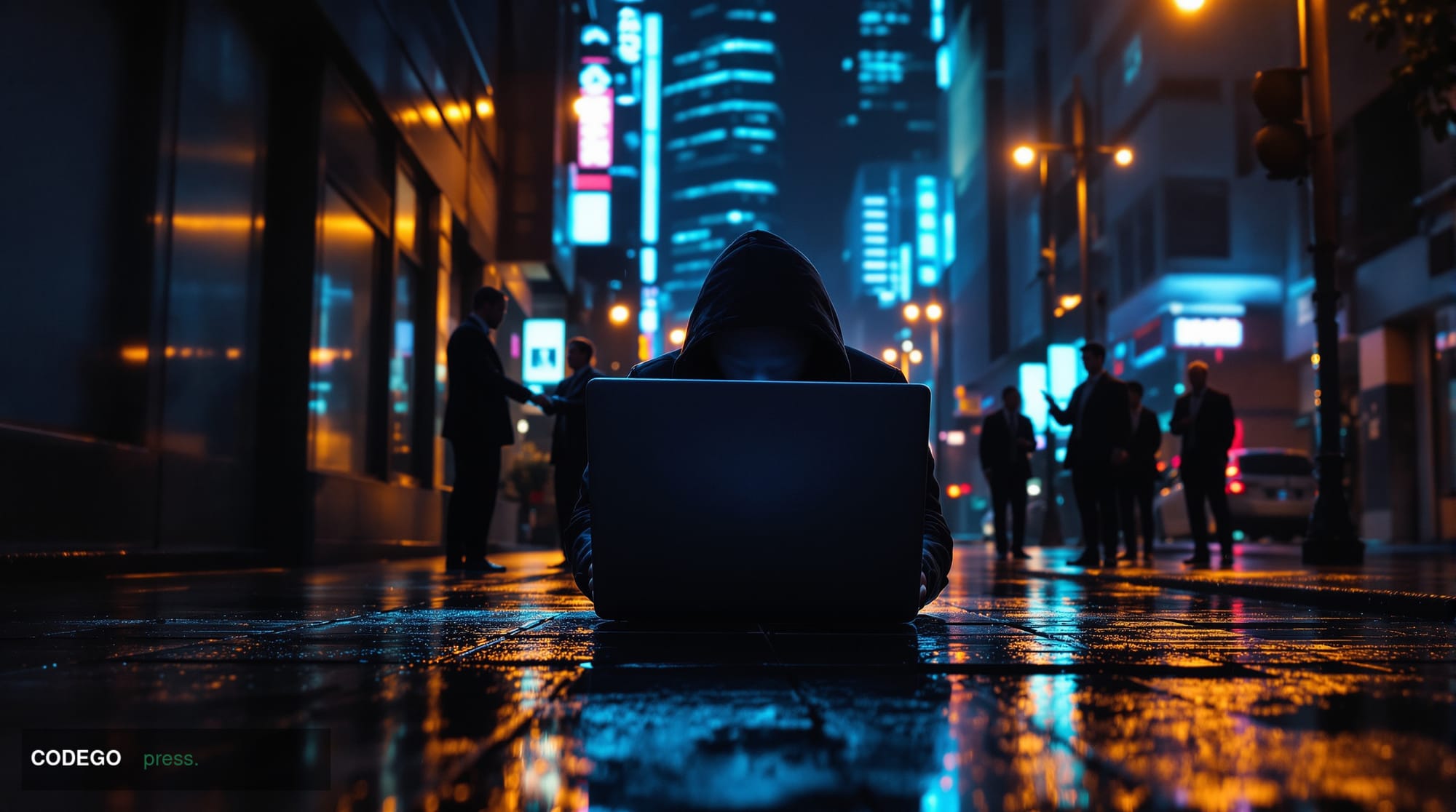 A cinematic editorial photograph set in a dimly lit, rain-soaked alley in a dense Asian metropolis at night, with neon reflec