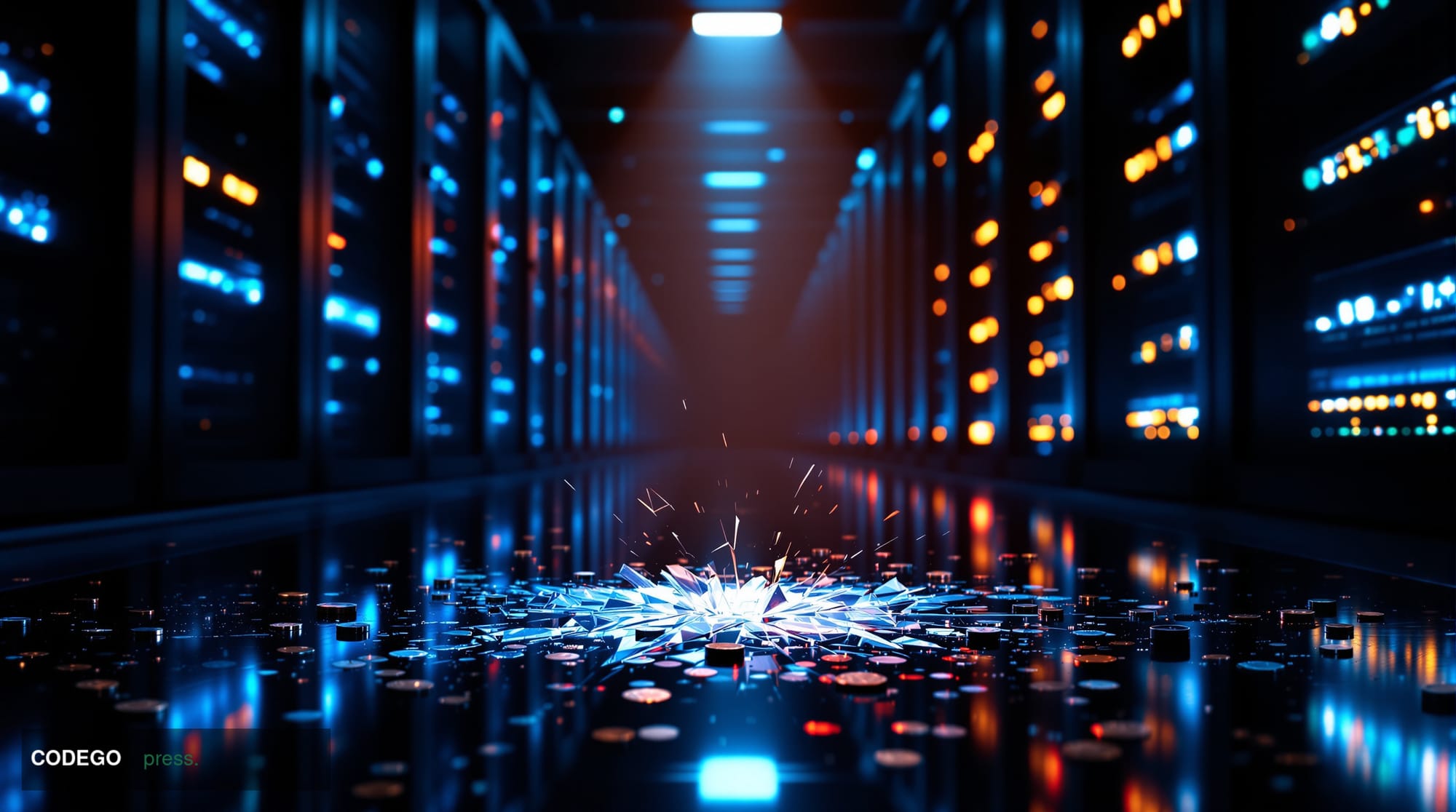 A cinematic editorial photograph depicting a darkened server room corridor bathed in cold blue ambient light, with a single w