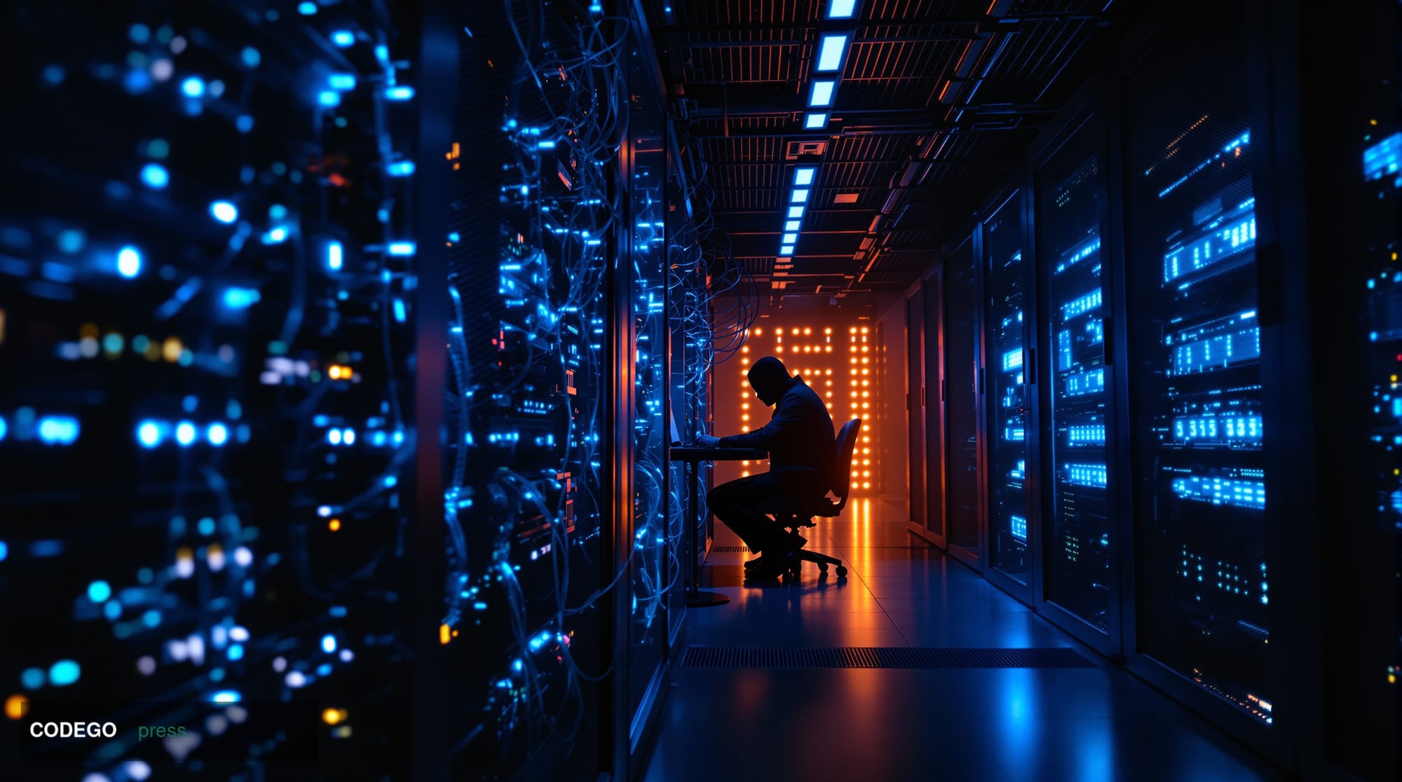 A dramatic cinematic editorial photograph set in a dimly lit server room environment evoking a breach or digital heist, with 