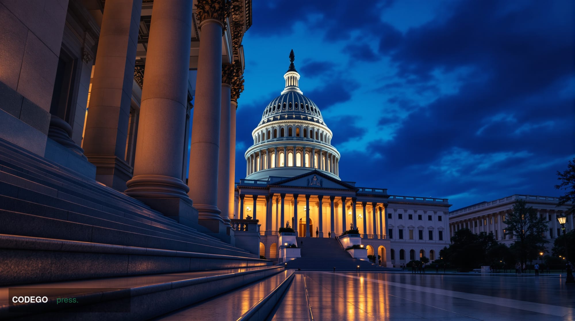 A photorealistic cinematic editorial photograph of the United States Capitol building at dusk, shot from a low angle looking 