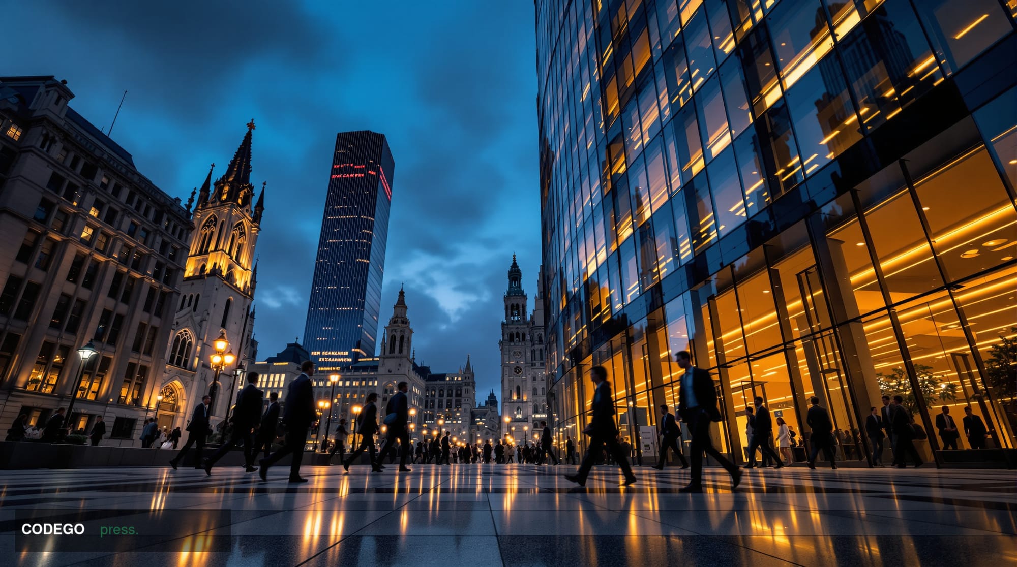 A cinematic editorial photograph shot at wide angle looking up at the iconic glass-and-steel facade of a major London financi