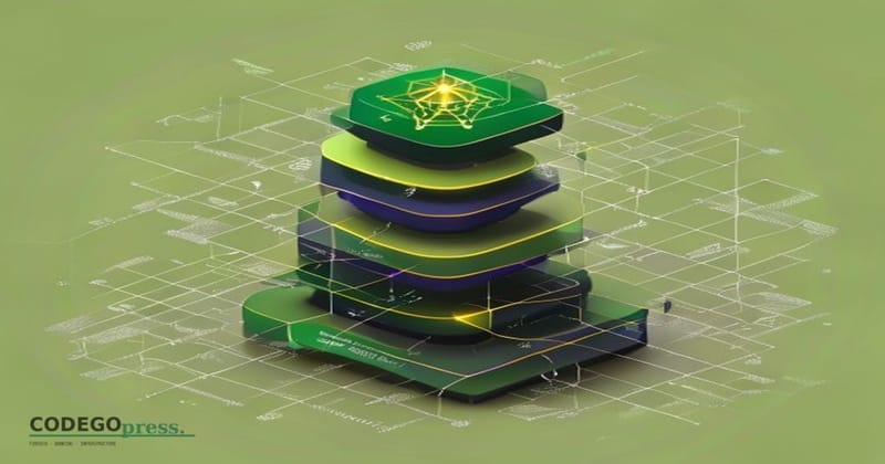 Isometric view of a payment stack diagram with three interconnected vertical layers (authorization, intent, credit) rendered 