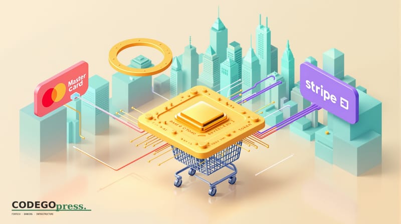 Large golden AI chip on a shopping cart in centre, with Mastercard's distinctive red-orange circle rings forming a payment to