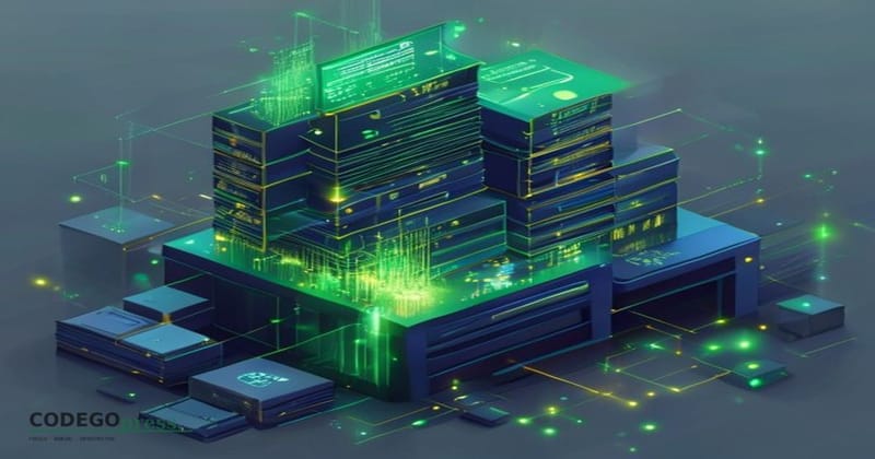 Isometric 3D illustration of stacked filing cabinets and ledgers being processed through glowing green AI circuit patterns, w