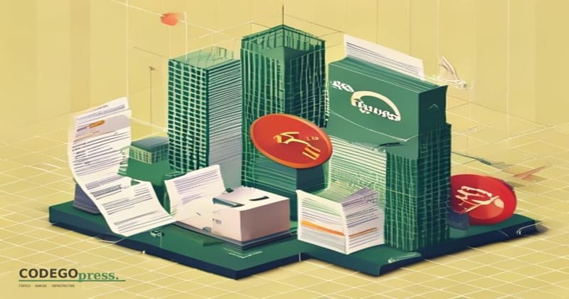 Isometric scene of a corporate office tower in banking green silhouette (generic modern skyline), with overlapping invoice do