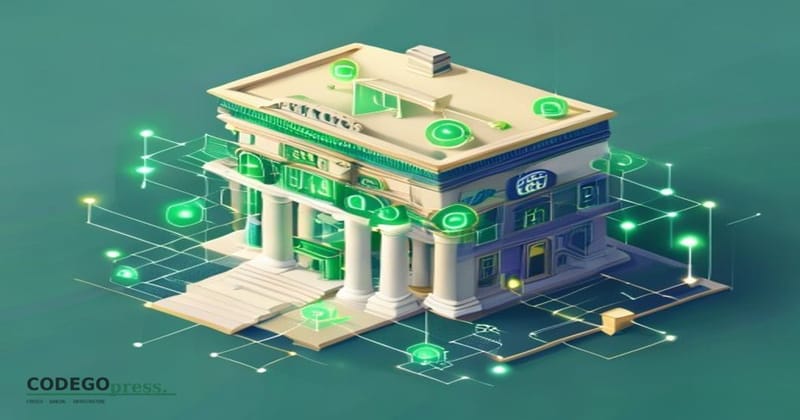 Isometric 3D illustration of a traditional bank building (cream and navy) gradually fading while digital payment nodes and AP