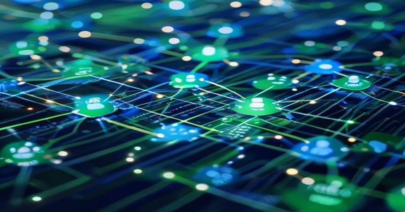 Abstract visualization of interconnected payment nodes and credit flow pathways, blues and greens, modern data visualization 