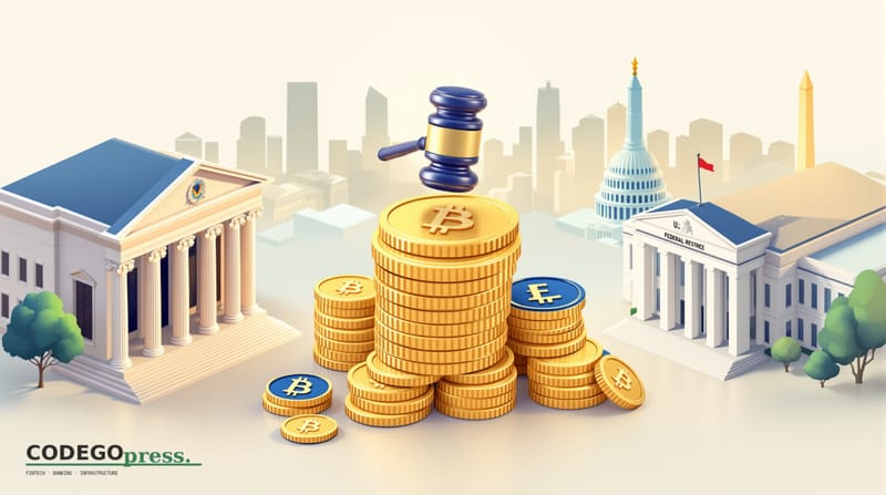 Large stacked cryptocurrency coins in navy and gold tones in centre, crowned with a regulatory gavel, US Department of Justic