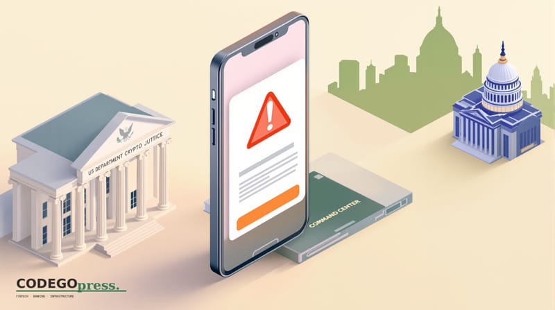 A large smartphone screen displaying a fraudulent crypto wallet interface with red warning symbol in centre, US Department of