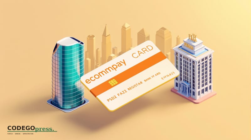Large embossed payment card with security-stripe detail in centre, card's hologram reflecting amber warning light, Ecommpay h