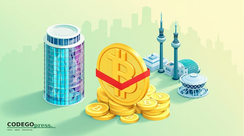 Golden Bitcoin block with red warning stripe in centre, European Council building (modernist glass rotunda) on the left, Elli