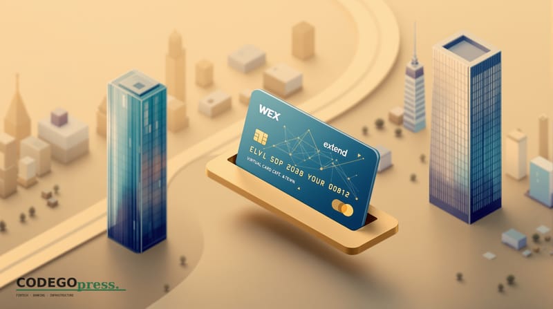 Large embossed virtual card with navy and gold accent in centre, WEX glass headquarters silhouette on the left with subtle pa