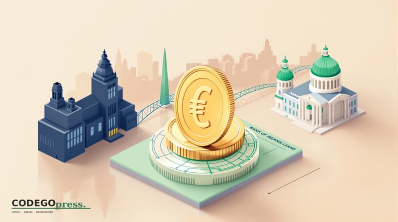 Golden euro coin stabilizing on a banking-green ledger in centre, <a href="https://www.bankofireland.com" target="_blank" rel