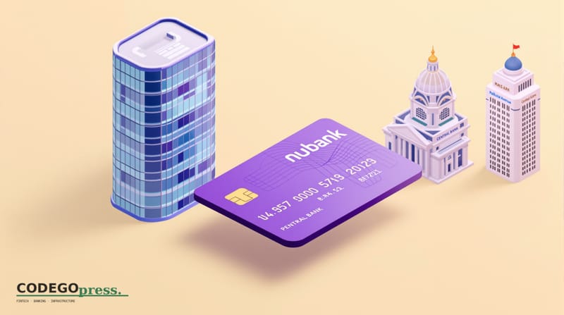 Large embossed purple payment card in centre with Brazilian flag accent, Nubank São Paulo HQ isometric tower with curved fint