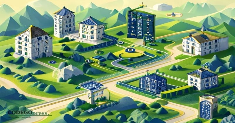 Isometric 3D illustration of interconnected property contracts and digital keys floating above a stylized Welsh valley landsc