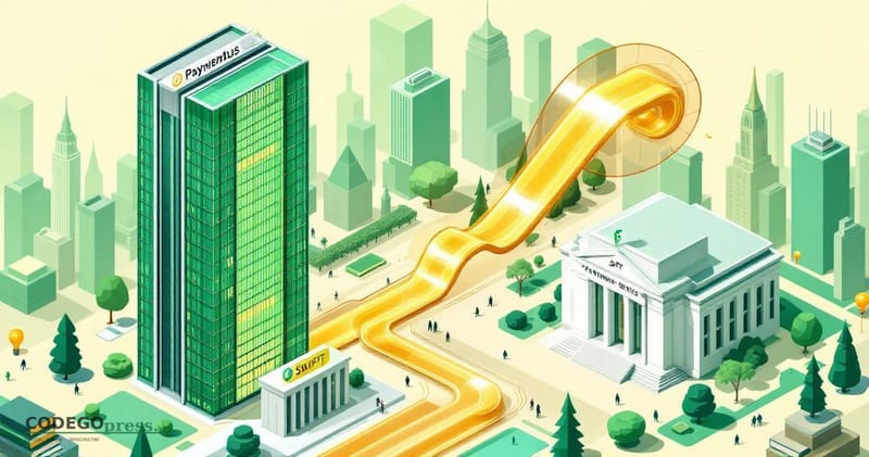 A large golden data stream flowing through a transparent SWIFT-style messaging pipe in centre, Paymentus sleek corporate towe