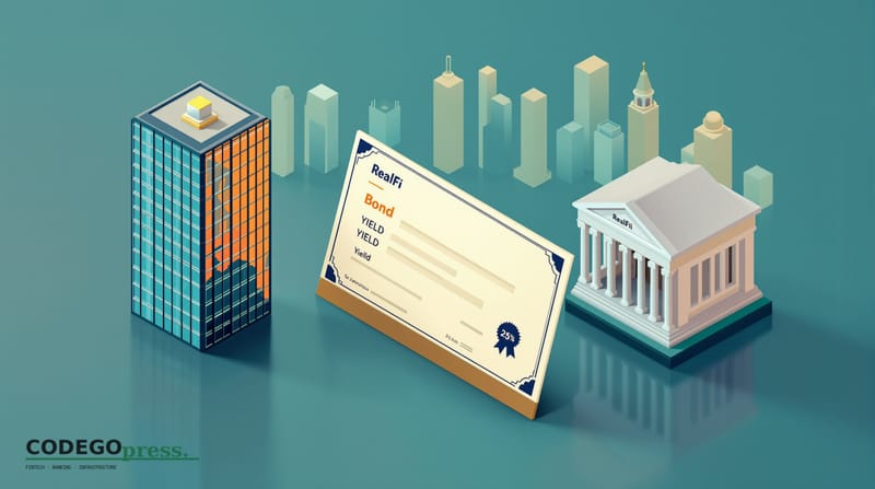A cream-coloured bond certificate with yield notation in the foreground, rendered as an isometric token with navy and gold ac
