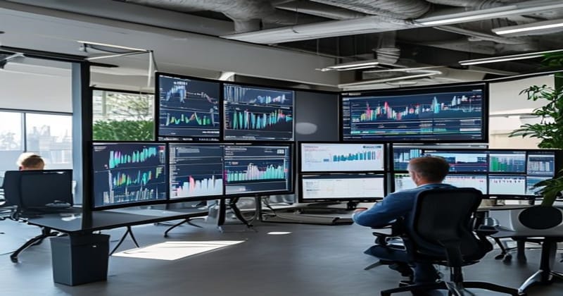Modern fintech office workspace with multiple screens displaying financial dashboards and trading data, neutral color palette
