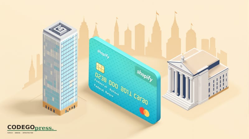Large embossed payment card with Shopify teal accent in centre, Shopify Ottawa office tower on the left with distinctive grid