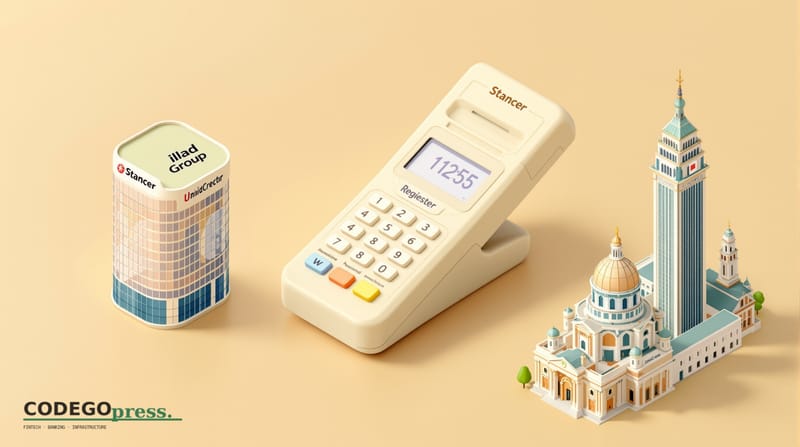 Large embossed omnichannel payment terminal in cream and sage tones in centre, Stancer headquarters as a modern curved glass 