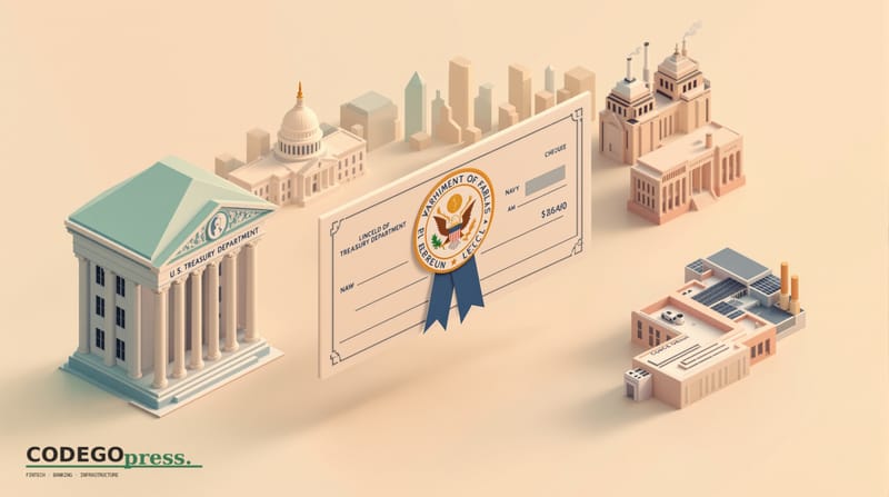 Large embossed government cheque with U.S. Treasury seal and navy ribbon in centre, Treasury Department neoclassical marble-p