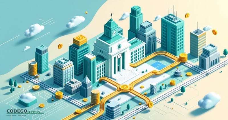 Isometric Manhattan skyline with Federal Reserve building silhouette in banking green, clock face integrated into skyscraper,