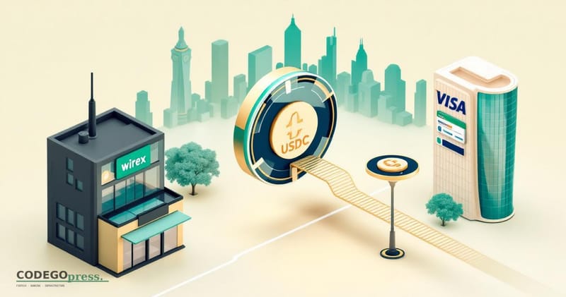 Large stablecoin token (USDC-style circular form in cream and navy) streaming through a digital payment pipe in the centre, W