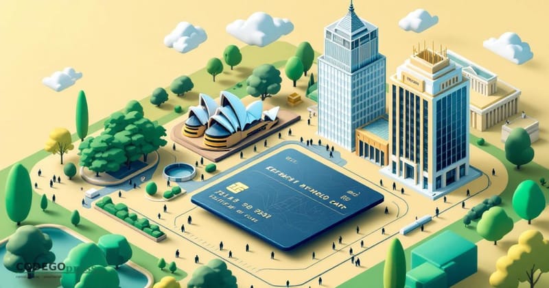 Large embossed payment card with navy and gold accents in centre, Zeller Sydney Opera House–silhouetted headquarters on the l