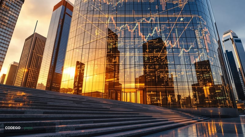 A photorealistic editorial photograph capturing the modern financial markets convergence of traditional and crypto investing,