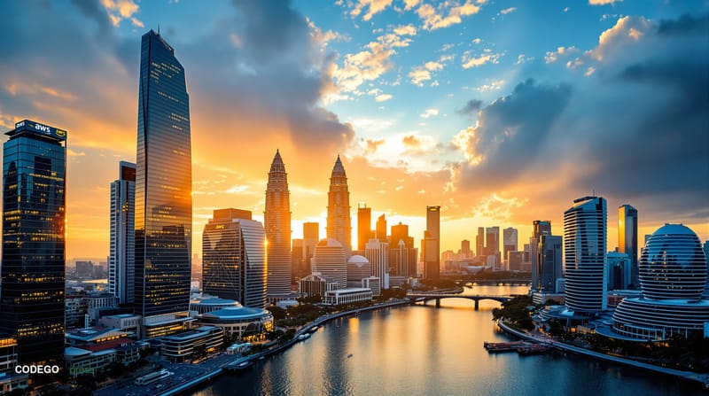 A photorealistic editorial photograph showing the modern skyline of Singapore's central business district at golden hour, wit