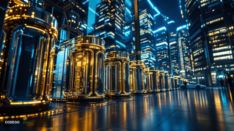 A cinematic editorial photograph showcasing the intersection of quantum computing and Bitcoin infrastructure. The scene shows