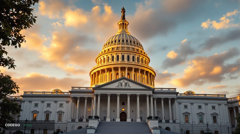 A dramatic photorealistic editorial photograph capturing the US Capitol building's iconic dome and neoclassical architecture 