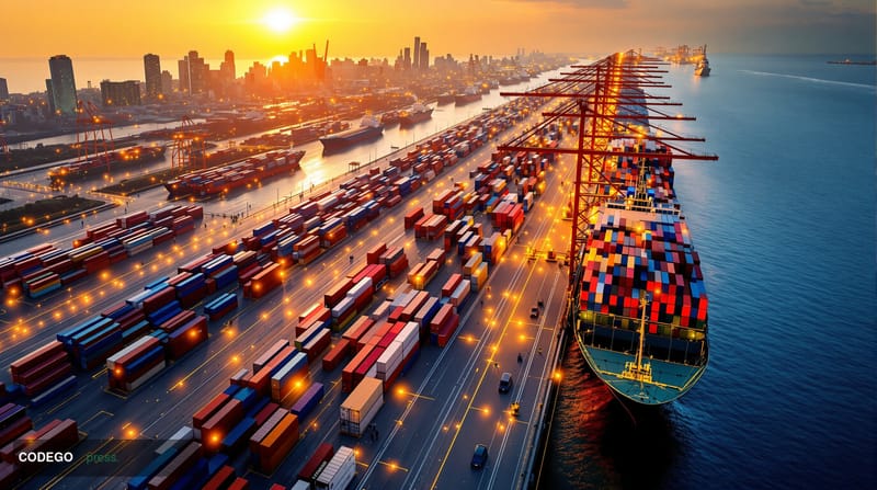 A dramatic aerial view of a major international shipping port at golden hour, with massive container ships and cargo vessels 