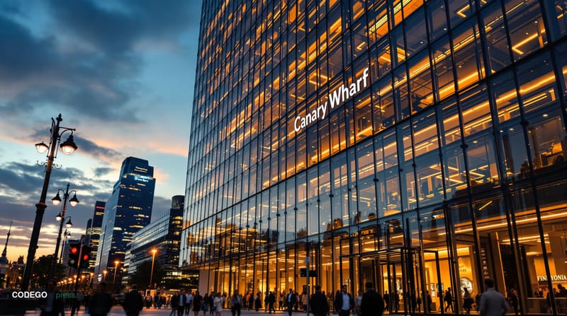 A photorealistic editorial photograph showing the imposing glass and steel facade of the Financial Conduct Authority headquar