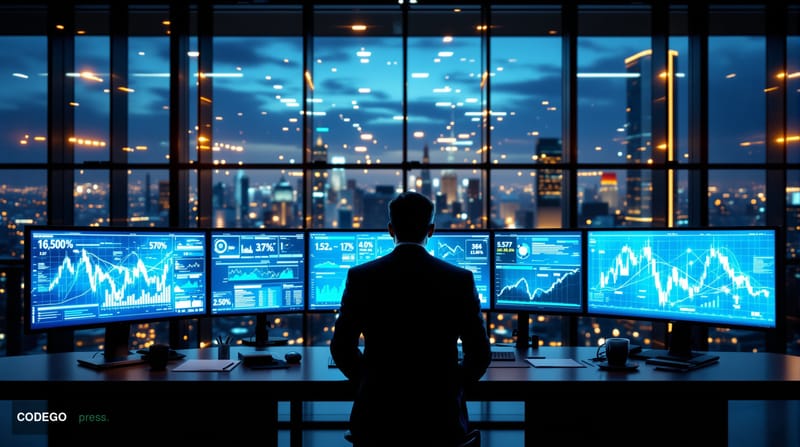 A cinematic editorial photograph showing a modern glass-walled DeFi trading floor or financial technology center with multipl